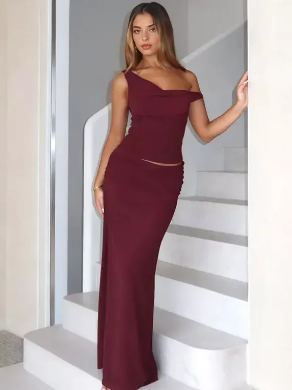 Two Piece Sets Burgundy Chic Dating V-Neck Backless Sleeveless Skirt Set