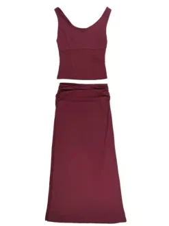 Two Piece Sets Burgundy Chic Dating V-Neck Backless Sleeveless Skirt Set