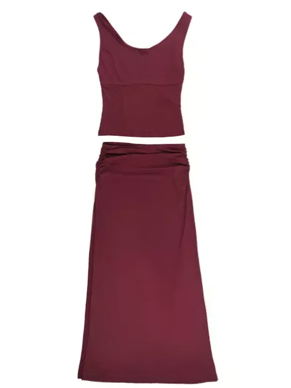 Two Piece Sets Burgundy Chic Dating V-Neck Backless Sleeveless Skirt Set