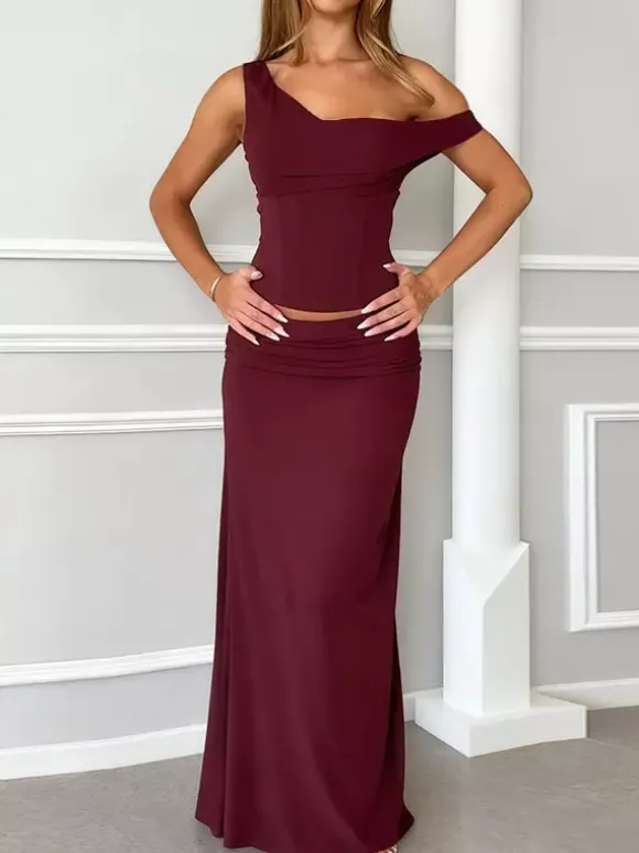 Two Piece Sets Burgundy Chic Dating V-Neck Backless Sleeveless Skirt Set