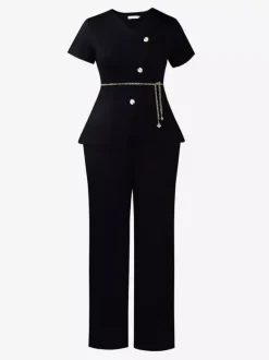 Two Piece Sets Burgundy Chic Daily Casual Chains Polyester V-Neck T-Shirt Sleeves Short Sleeves Pant Set