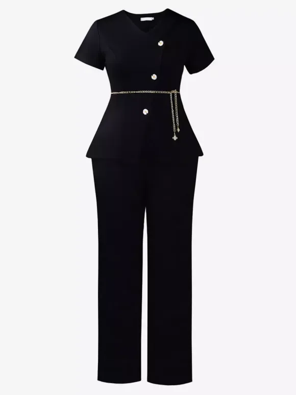 Two Piece Sets Burgundy Chic Daily Casual Chains Polyester V-Neck T-Shirt Sleeves Short Sleeves Pant Set