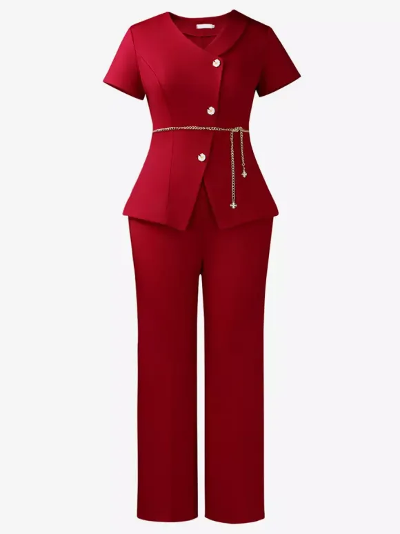 Two Piece Sets Burgundy Chic Daily Casual Chains Polyester V-Neck T-Shirt Sleeves Short Sleeves Pant Set