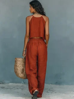 Two Piece Sets Burgundy Chic Daily Casual Cut Out Cowl Neck Sleeveless Pant Set