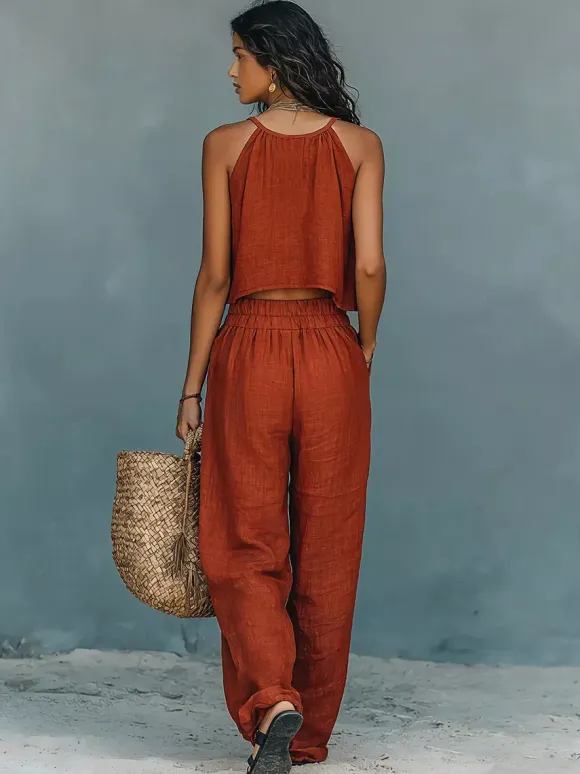 Two Piece Sets Burgundy Chic Daily Casual Cut Out Cowl Neck Sleeveless Pant Set