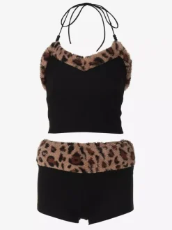 Two Piece Sets Burgundy Chic Leopard Print Daily Casual Straps Neck Sleeveless Pant Set