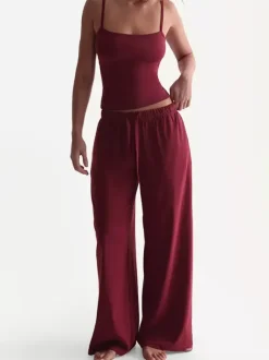 Two Piece Sets Burgundy Daily Casual Straps Neck Sleeveless Casual Pant Set