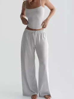 Two Piece Sets Burgundy Daily Casual Straps Neck Sleeveless Casual Pant Set