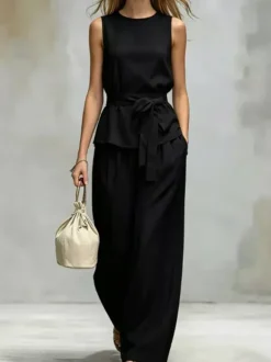 Two Piece Sets Chocolate Chic Street Wear Sash Polyester Jewel Neck Sleeveless Pant Set