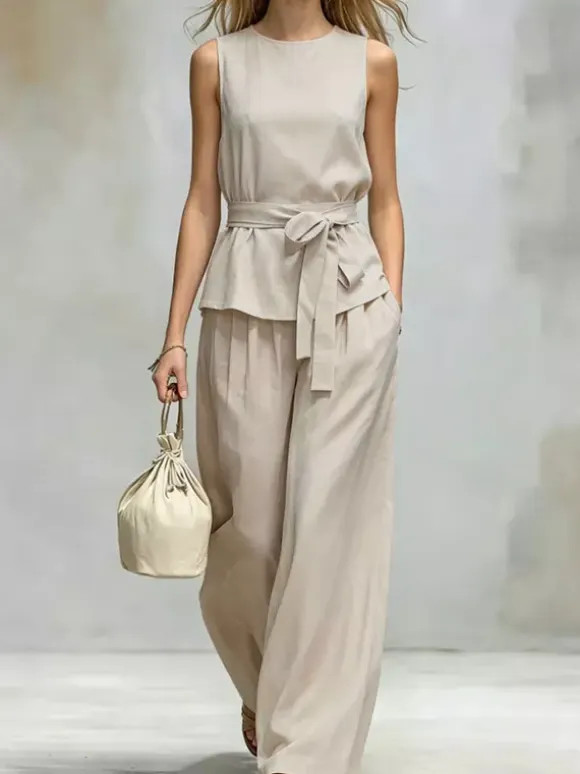 Two Piece Sets Chocolate Chic Street Wear Sash Polyester Jewel Neck Sleeveless Pant Set