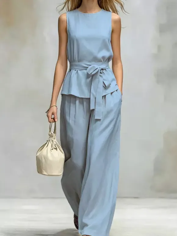 Two Piece Sets Chocolate Chic Street Wear Sash Polyester Jewel Neck Sleeveless Pant Set