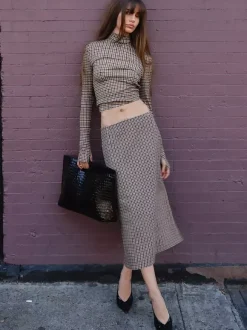 Two Piece Sets Coffee Brown Casual Plaid Daily Casual Long Sleeves Skirt Set