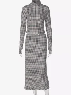 Two Piece Sets Coffee Brown Casual Plaid Daily Casual Long Sleeves Skirt Set