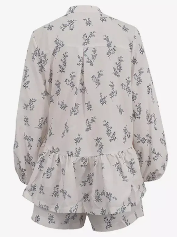 Two Piece Sets Ecru White Chic Printed Street Wear Jewel Neck Puff Sleeves Long Sleeves Pant Set