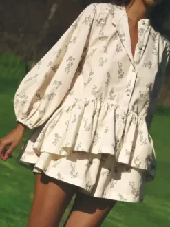 Two Piece Sets Ecru White Chic Printed Street Wear Jewel Neck Puff Sleeves Long Sleeves Pant Set