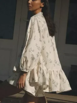 Two Piece Sets Ecru White Chic Printed Street Wear Jewel Neck Puff Sleeves Long Sleeves Pant Set