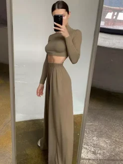 Two Piece Sets Gray Casual Party High Collar One Sleeve Long Sleeves Pant Set