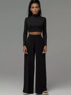 Two Piece Sets Gray Casual Party High Collar One Sleeve Long Sleeves Pant Set
