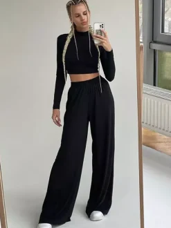 Two Piece Sets Gray Casual Party High Collar One Sleeve Long Sleeves Pant Set