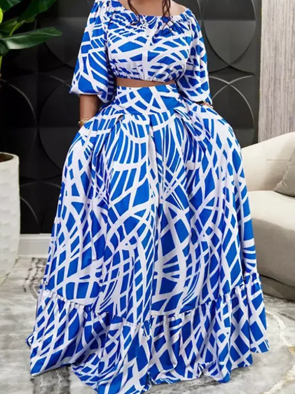 Two Piece Sets Green Elegant Beach Jewel Neck Puff Sleeves Half Sleeves Skirt Set