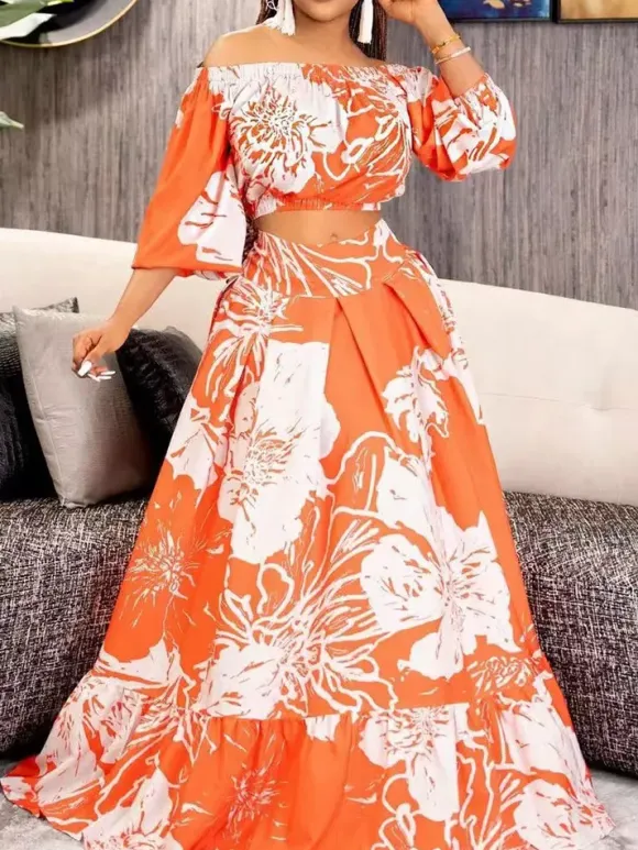 Two Piece Sets Green Elegant Beach Jewel Neck Puff Sleeves Half Sleeves Skirt Set