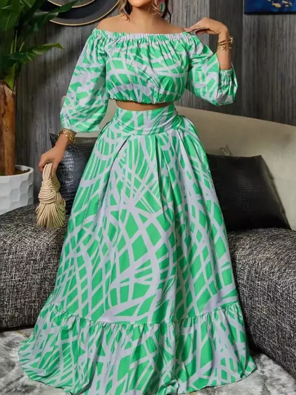 Two Piece Sets Green Elegant Beach Jewel Neck Puff Sleeves Half Sleeves Skirt Set