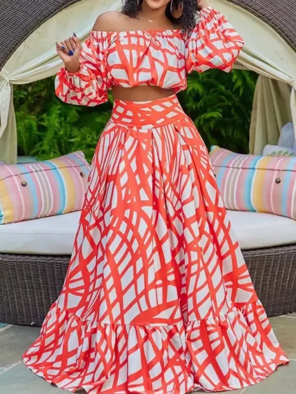 Two Piece Sets Green Elegant Beach Jewel Neck Puff Sleeves Half Sleeves Skirt Set