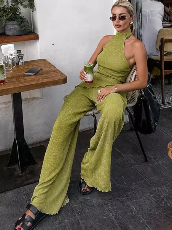 Two Piece Sets Green Halter Backless Sleeveless Top Pant Set