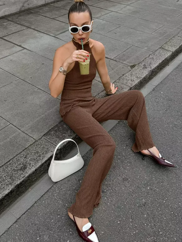 Two Piece Sets Green Halter Backless Sleeveless Top Pant Set