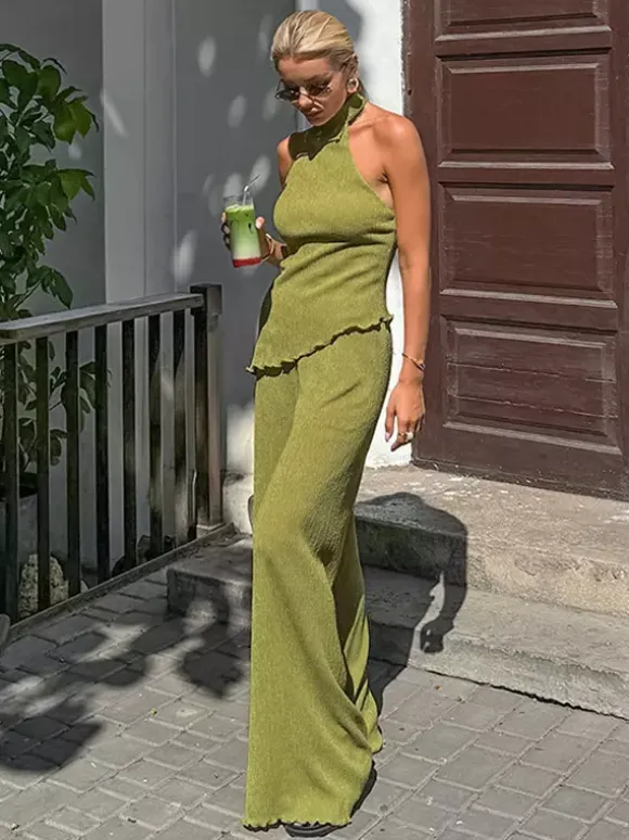 Two Piece Sets Green Halter Backless Sleeveless Top Pant Set