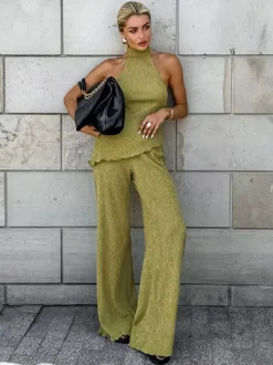 Two Piece Sets Green Halter Backless Sleeveless Top Pant Set