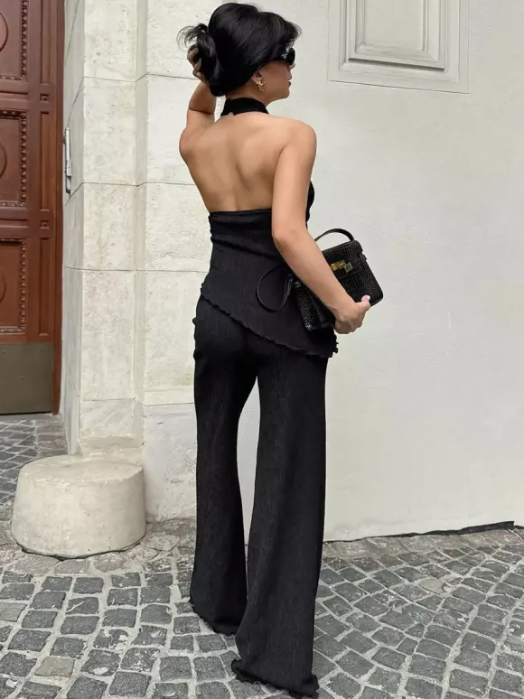 Two Piece Sets Green Halter Backless Sleeveless Top Pant Set