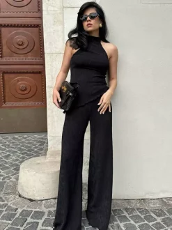 Two Piece Sets Green Halter Backless Sleeveless Top Pant Set