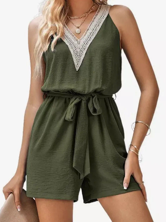 Two Piece Sets Hunter Green Casual Cut Out V-Neck Sleeveless Pant Set