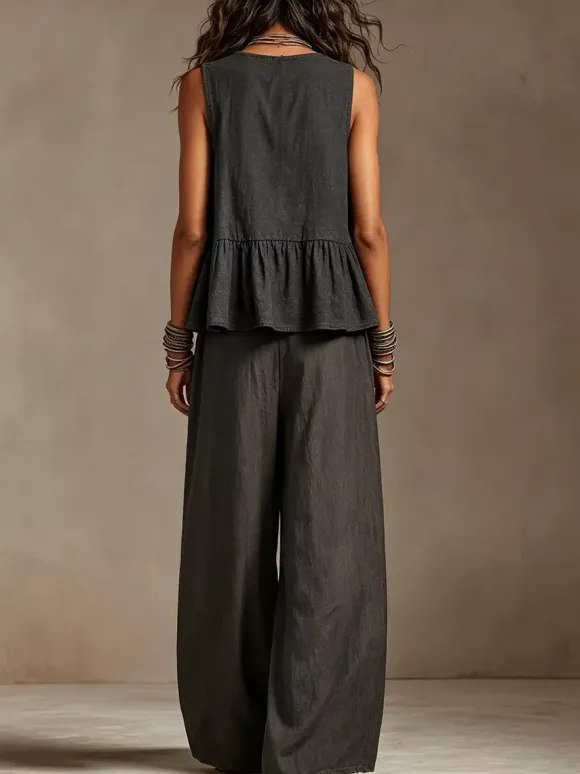 Two Piece Sets Ivory Jewel Neck Sleeveless Bohemian Tank Top Wide Leg Pant Set