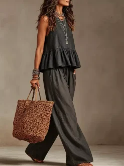 Two Piece Sets Ivory Jewel Neck Sleeveless Bohemian Tank Top Wide Leg Pant Set