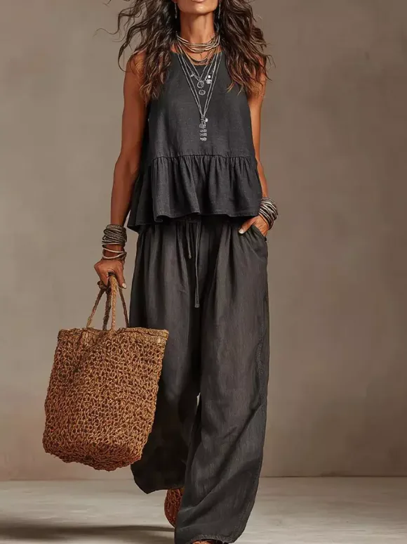 Two Piece Sets Ivory Jewel Neck Sleeveless Bohemian Tank Top Wide Leg Pant Set
