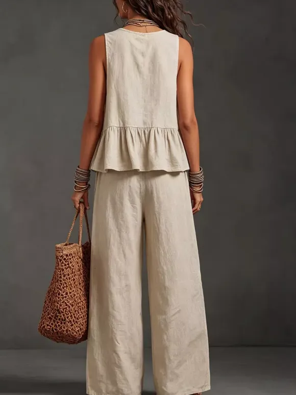Two Piece Sets Ivory Jewel Neck Sleeveless Bohemian Tank Top Wide Leg Pant Set