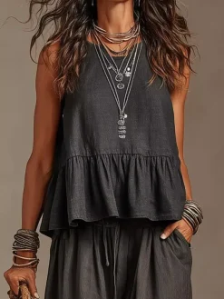 Two Piece Sets Ivory Jewel Neck Sleeveless Bohemian Tank Top Wide Leg Pant Set