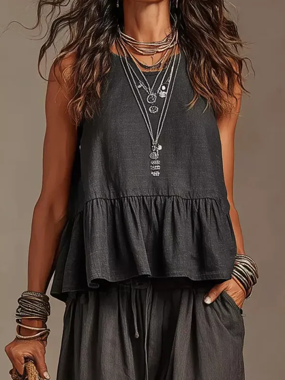Two Piece Sets Ivory Jewel Neck Sleeveless Bohemian Tank Top Wide Leg Pant Set