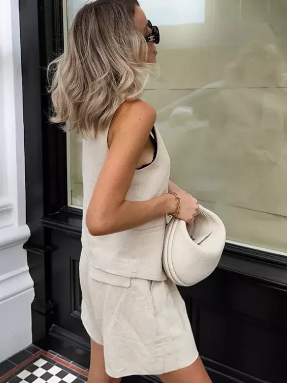 Two Piece Sets Khaki Casual Daily Casual V-Neck Sleeveless Pant Set
