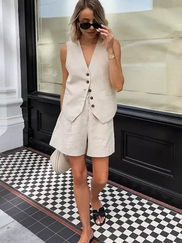 Two Piece Sets Khaki Casual Daily Casual V-Neck Sleeveless Pant Set