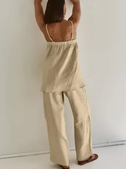 Two Piece Sets Khaki Casual Street Wear Straps Neck Sleeveless Pant Set