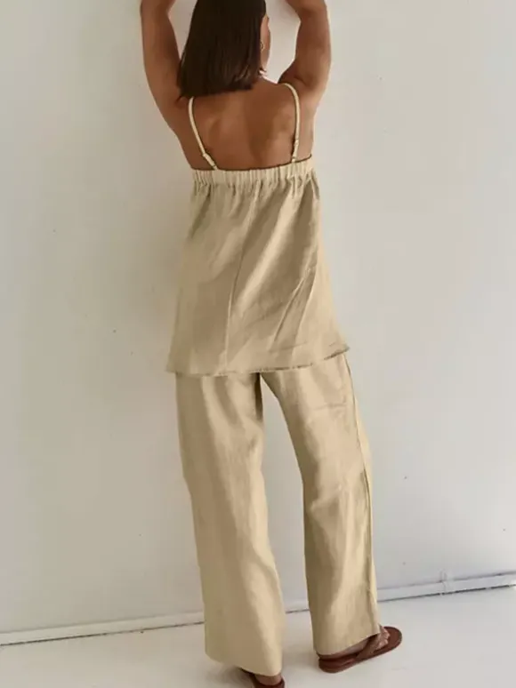 Two Piece Sets Khaki Casual Street Wear Straps Neck Sleeveless Pant Set