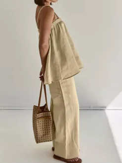 Two Piece Sets Khaki Casual Street Wear Straps Neck Sleeveless Pant Set