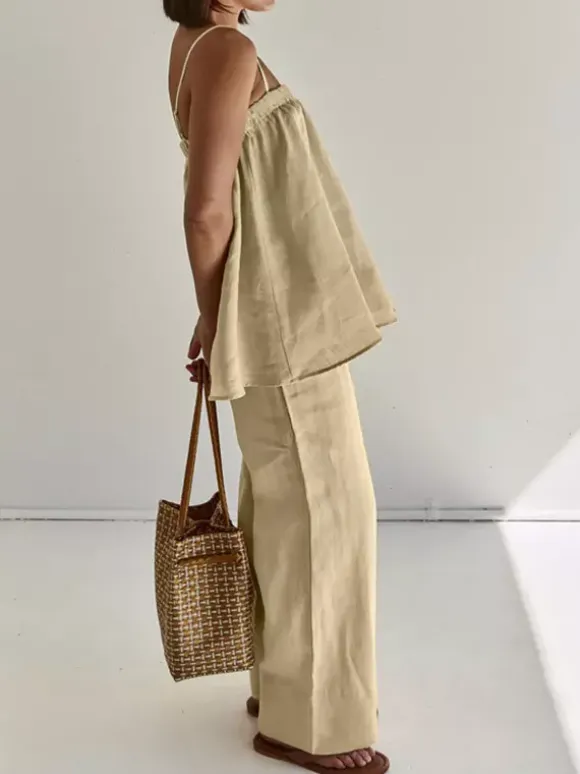Two Piece Sets Khaki Casual Street Wear Straps Neck Sleeveless Pant Set