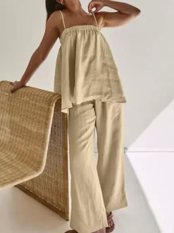 Two Piece Sets Khaki Casual Street Wear Straps Neck Sleeveless Pant Set