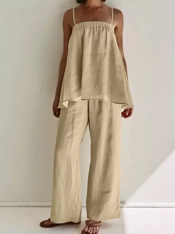Two Piece Sets Khaki Casual Street Wear Straps Neck Sleeveless Pant Set