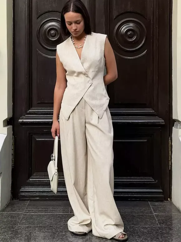 Two Piece Sets Khaki Chic Daily Casual Linen V-Neck Sleeveless Top Pant Set