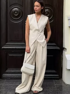 Two Piece Sets Khaki Chic Daily Casual Linen V-Neck Sleeveless Top Pant Set